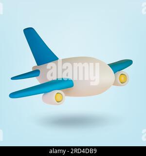 Aeroplano 3d Cartoon, aereo realistico su sfondo blu. Illustrazione vettoriale. Illustrazione Vettoriale