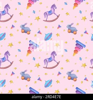 Motivo ad acquerello senza cuciture di giocattoli in legno per bambini isolati su sfondo rosa. Graziosa illustrazione di piramide, cavallo da cavallo, top rotante, coniglio. Stampa Foto Stock