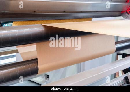 Stampa e confezionamento da rotoli di carta riciclata, macchina confezionatrice di buste industriale commerciale, fabbricazione di carta ondulata e contenitori di pappa Foto Stock