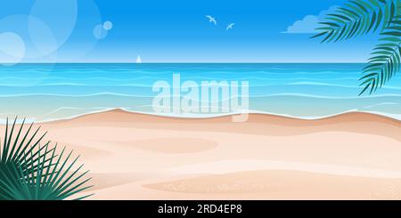 Bellissima spiaggia tropicale con sabbia e acqua blu pulita, natura e sfondo turistico Illustrazione Vettoriale