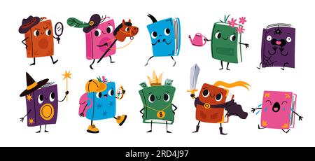Libri personaggi dei cartoni animati. Volumi di libreria felici. Simpatiche mascotte da letteratura sorridenti con volti, mani e gambe carine. Stili letterari diversi. Emozione Illustrazione Vettoriale