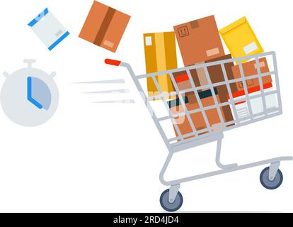 Carrello rapido pieno di scatole e pacchi per la consegna, concetto di shopping online Illustrazione Vettoriale
