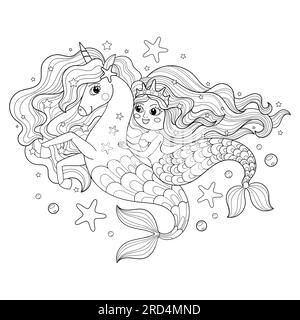 Sirena a cavallo di un unicorno di cavallucci marini. Disegno lineare in bianco e nero. Il tema del mare e della magia. Per il design di libri da colorare per bambini. stampe, poste Illustrazione Vettoriale