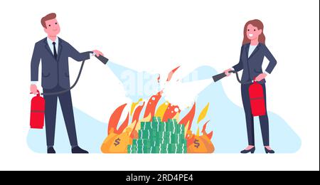 Gli uomini d'affari spengono il denaro bruciato. Uomo e donna con estintori. Crisi e inflazione finanziaria. Le banconote sono accatastate in fiamme. Affari Illustrazione Vettoriale