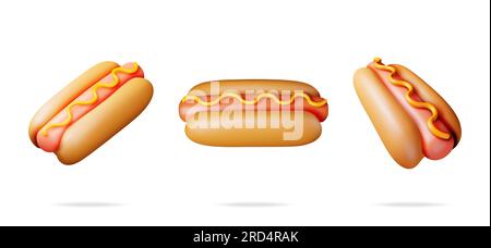 Hot Dog 3D con mostarda impostata in diverse angolazioni Illustrazione Vettoriale