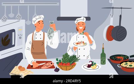 Gli chef del ristorante di pesce cucinano piatti. Cuochi professionisti in cucina. Preparazione di frutti di mare. La gente tagliava bistecche di salmone. Preparazione di prelibatezze di mare. Prodotti Illustrazione Vettoriale