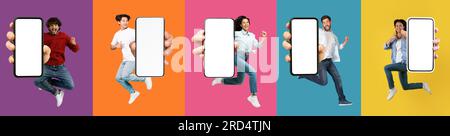 felicissimi millennial multietnici che mostrano i telefoni mentre saltano su sfondi colorati Foto Stock