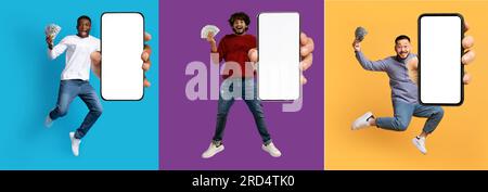 Felicissimi uomini multirazziali con soldi che mostrano telefoni con schermo vuoto Foto Stock