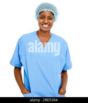 Studio, infermiera e donna indiana in assistenza sanitaria su sfondo bianco per medicina, clinica o ospedale. Medico, ritratto e medico in Foto Stock