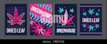 Poster di cannabis luminosi e luminosi con foglie essiccate Illustrazione Vettoriale