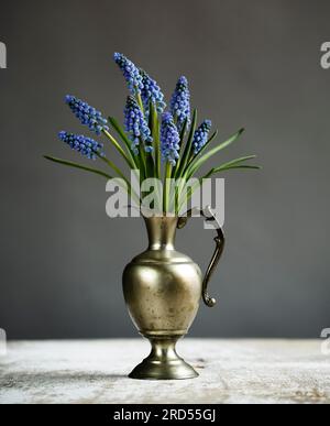 Natura morta con i giacinti dove in Old Metal Vase Foto Stock