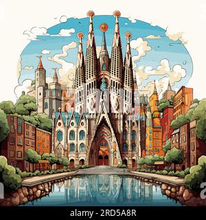 Sagrada Familia. Illustrazione fumettistica disegnata a mano dalla Sagrada Familia. Illustrazione di cartoni animati in stile doodle vettoriale Illustrazione Vettoriale