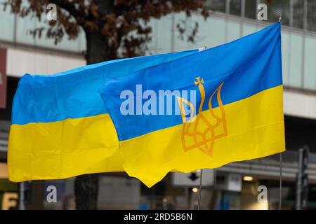 Due bandiere ucraine che sventolano nel vento. In occasione della guerra in Ucraina, che durerà esattamente un anno il 24.02.2023, migliaia di persone Foto Stock