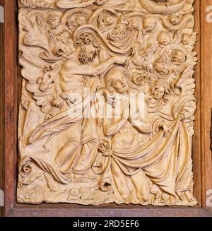 Battesimo di Gesù di Giovanni Battista in Giordania, pannello a rilievo, particolare pala d'altare laterale, altare scolpito della Madonna Niederrotweil, tardivo Foto Stock