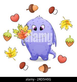 Simpatico mostro dei cartoni animati con foglie cadute in una cornice autunnale. Illustrazione vettoriale con noci, ghiande, funghi, foglie e cuori. Illustrazione Vettoriale