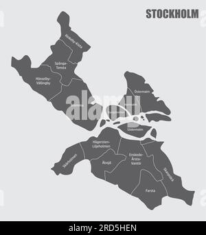 Città di Stoccolma, mappa amministrativa isolata su sfondo grigio Illustrazione Vettoriale