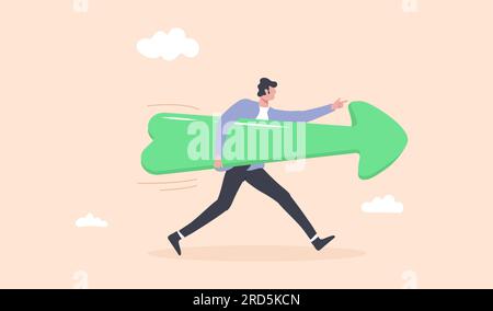 Uomini d'affari con una grossa freccia. Fate progressi per il futuro del successo. Direzione della freccia per la vita, gli affari. La strada per il successo. Illustrazione Vettoriale