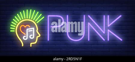 Punk neon testo e testa con mohawk Illustrazione Vettoriale