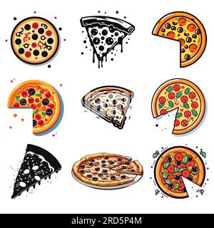 Set tipi di pizza. Diversi tipi di ripieno, fast food italiano. Illustrazione Vettoriale