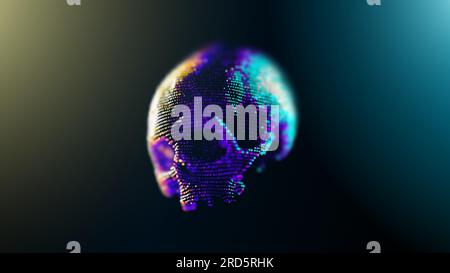 Un cranio scuro appeso nel vuoto, fatto di punti, illuminato dalla retroilluminazione. Profondità di campo. Visualizzazione dei pericoli nel mondo digitale Illustrazione Vettoriale