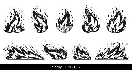 Fuoco dei cartoni animati. Fiamme scintillanti. La temperatura calda provoca incendi pericolosi. Accensione infiammabile, fiamme infiammabili calore pericolo di esplosione gas naturale fiamme energia simbolo nero piatto, stencil stamp Illustrazione Vettoriale