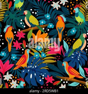 Motivo senza cuciture di pappagalli sui rami tropicali con foglie e fiori tropicali. Vettore cartoon Illustrazione Vettoriale