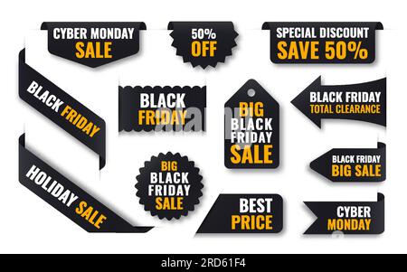 Grandi etichette di vendita del Black Friday. Prezzo festivo Cyber monday. Banner promozionale per il mercato di liquidazione totale. Distintivo del negozio di sconti. Risparmia il 50% sull'adesivo della nota di offerta. Nastro nero angolo isolato Illustrazione Vettoriale