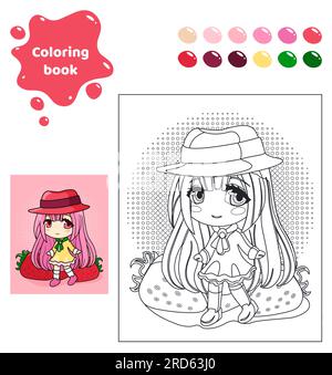 Libro da colorare per bambini. Ragazza anime in cappello. Illustrazione Vettoriale