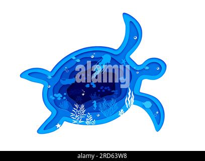 Silhouette tartaruga, paesaggio sottomarino tagliato di carta marina con meduse e alghe marine, vettore papercut. Paesaggio sottomarino marino o oceanico con strati di manta tagliati in carta, banchi di pesci e cavallucci marini Illustrazione Vettoriale