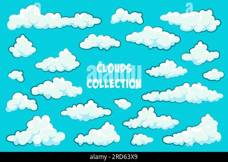 Fumetti colorati su sfondo blu. Nuvola rotonda disegnata a mano, panorama del cielo estivo, paesaggio nuvoloso. Design piatto. Illustrazione vettoriale Illustrazione Vettoriale