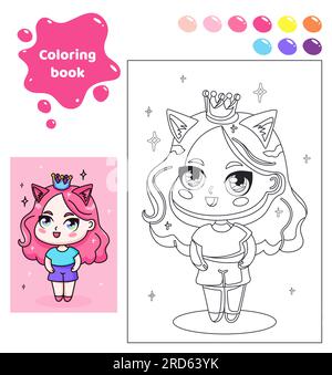 Libro da colorare per bambini. Ragazza anime con corona. Illustrazione Vettoriale