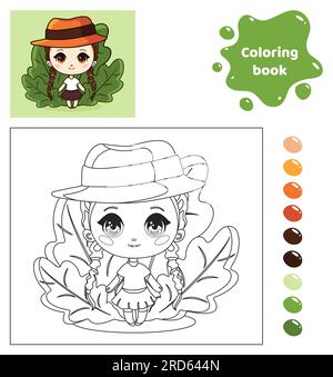 Libro da colorare per bambini. Ragazza anime in cappello. Illustrazione Vettoriale
