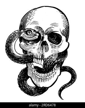 Teschio e serpente disegnati a mano. Inchiostro bianco e nero sulla carta Foto Stock