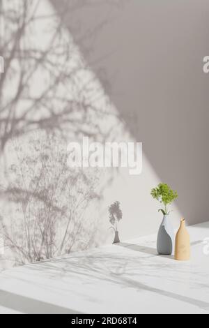 Sfondo semplice monotono con vasi, ombre degli alberi e luce naturale. Foto Stock