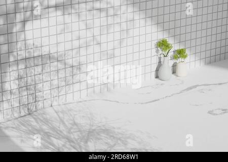 Sfondo semplice monotono con vasi, ombre degli alberi e luce naturale. Foto Stock