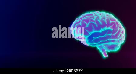 Ologramma cerebrale astratto. Futuristico cervello poligonale basso brillante pieno di linee connesse, stelle, punti, triangoli isolati su sfondo blu scuro. Neuro Foto Stock