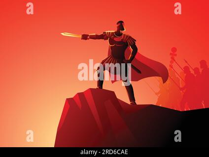 Illustrazione vettoriale di Gaius Julius Caesar in piedi su roccia comandante il suo esercito Illustrazione Vettoriale