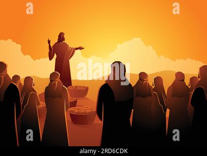Serie di illustrazioni vettoriali bibliche, Gesù alimenta i cinquemila o alimenta la moltitudine Illustrazione Vettoriale