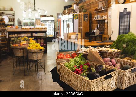 Vista generale di cibo salutare negozio di alimentari biologico con bancone e scatole con verdure Foto Stock