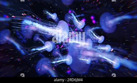 Risplendente medusa nuota nel mare blu. Medusa neon medusa fantasy jellyfish nel cosmo spaziale tra le stelle. rendering 3d Foto Stock