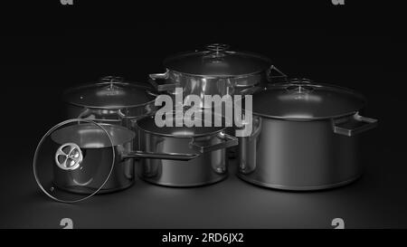 Set di pentole di cottura in acciaio e teglia su sfondo nero. illustrazione 3d. Foto Stock