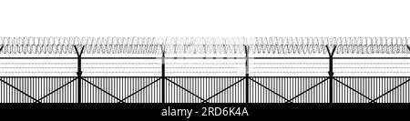 Recinzione in filo spinato d'acciaio su sfondo bianco, isolare. Confine del territorio. rendering 3d. Foto Stock