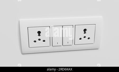 Presa elettrica modulare per quadri elettrici, intercambiabile su una parete bianca. rendering 3d. Foto Stock