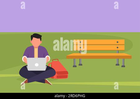Disegno grafico del design piatto di un giovane uomo d'affari che utilizza un computer portatile seduto sull'erba nel parco. Rilassa gli studenti maschi che scrivono tastiera e s del computer Foto Stock
