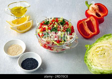 Insalata leggera estiva fresca di cavolo bianco con peperoni, prezzemolo e semi di sesamo circondati da ingredienti su un tavolo di cemento leggero. Foto Stock