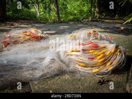 Reti da pesca costiere con carri colorati rossi e gialli disposte di fronte agli alberi a South Beach, Son tra, Danang, Vietnam Foto Stock