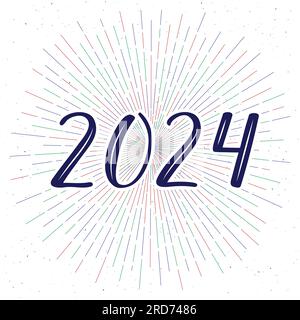 2024 numeri di vettore calligrafico scritti a mano. Fuochi d'artificio multicolore sullo sfondo. Felice anno nuovo. Per biglietti d'auguri, cartoline, inviti, web, Illustrazione Vettoriale