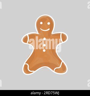 Biscotti di Natale sotto forma di uomo su sfondo grigio. Stile disegnato a mano. Pan di zenzero in stile cartone animato. Illustrazione Vettoriale