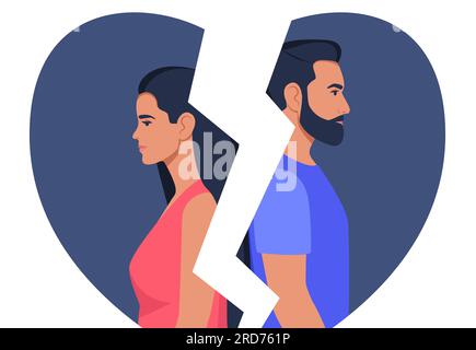 L'uomo e la donna si levano in piedi con le spalle l'uno all'altro, cuore rotto sullo sfondo. Concetto di divorzio, fraintendimento, disaccordo, rapporto troub Illustrazione Vettoriale