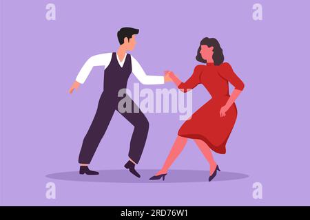 Stile piatto dei cartoni animati che disegna gente felice che balla salsa. Giovane uomo e donna in ballo. Coppia di ballerini con valzer tango e salsa. Coppia dan Foto Stock